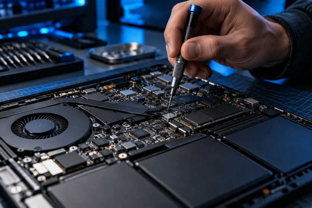 Manutenção dos componentes internos de um notebook com ferramenta de precisão